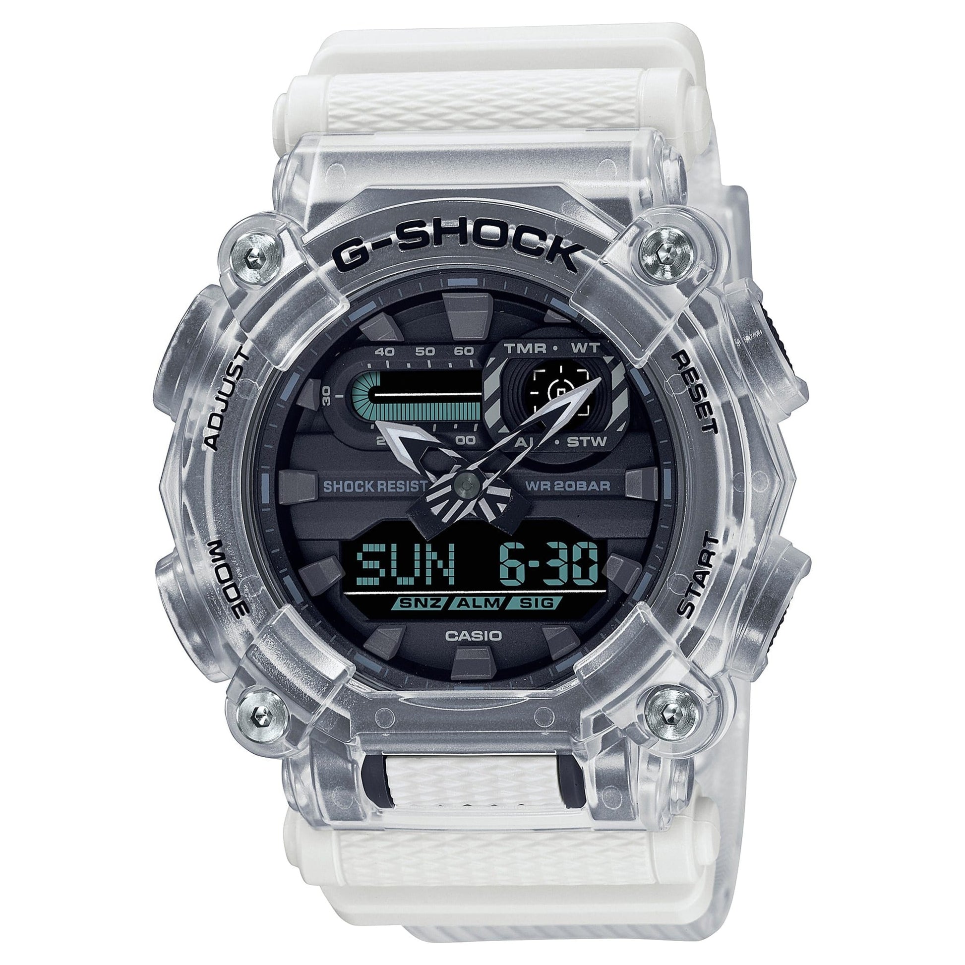 CASIO GA-900SKL-7AER G-Shock 200M 防水 防震 - 鏤空錶款，正面白色背景