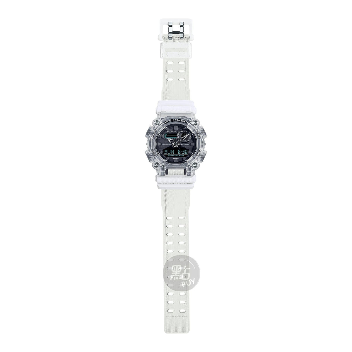 CASIO GA-900SKL-7AER G-Shock 200M 防水 防震 - 全身圖，展示半透明錶帶