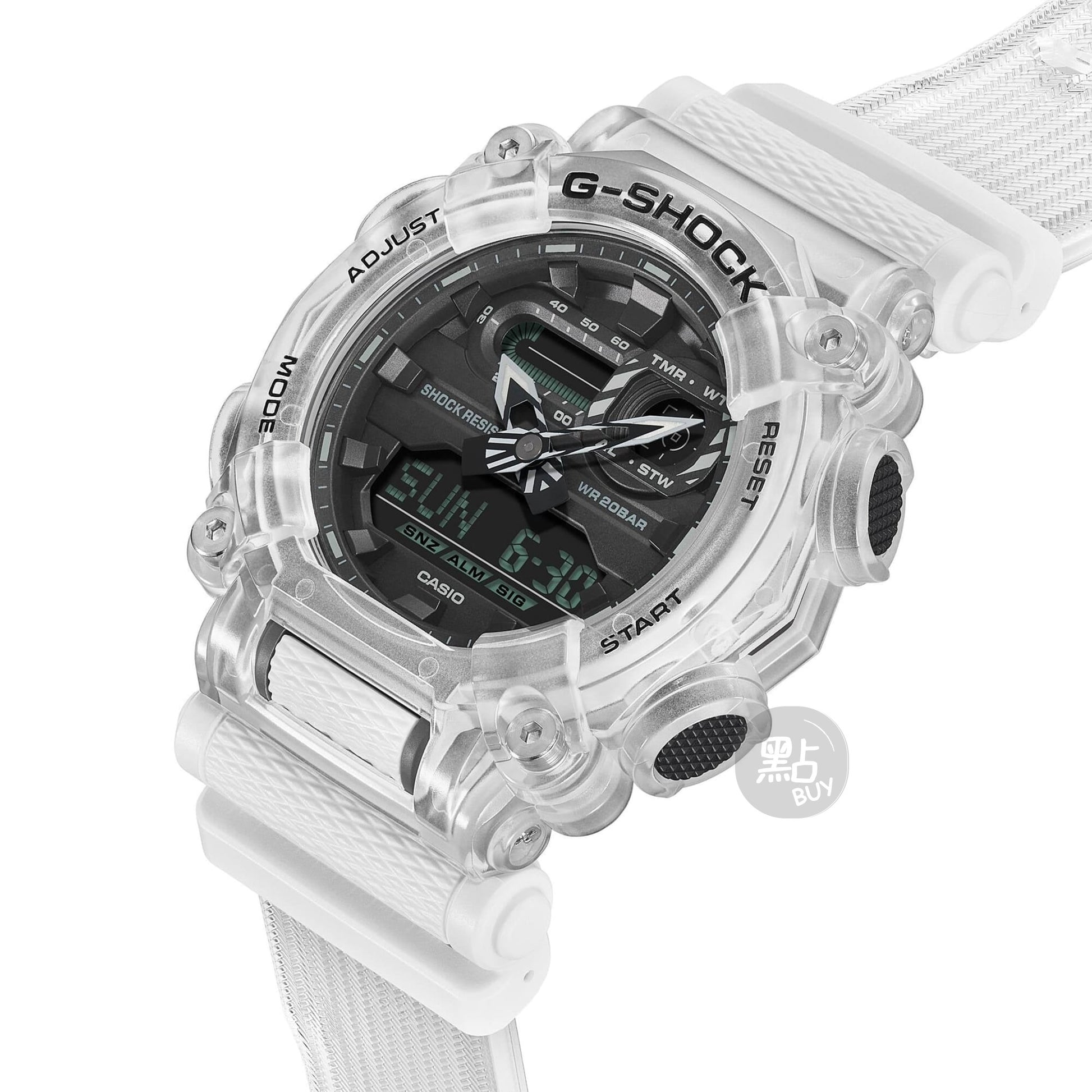 CASIO GA-900SKL-7AER G-Shock 200M 防水 防震 - 錶背細節，展示不鏽鋼錶背