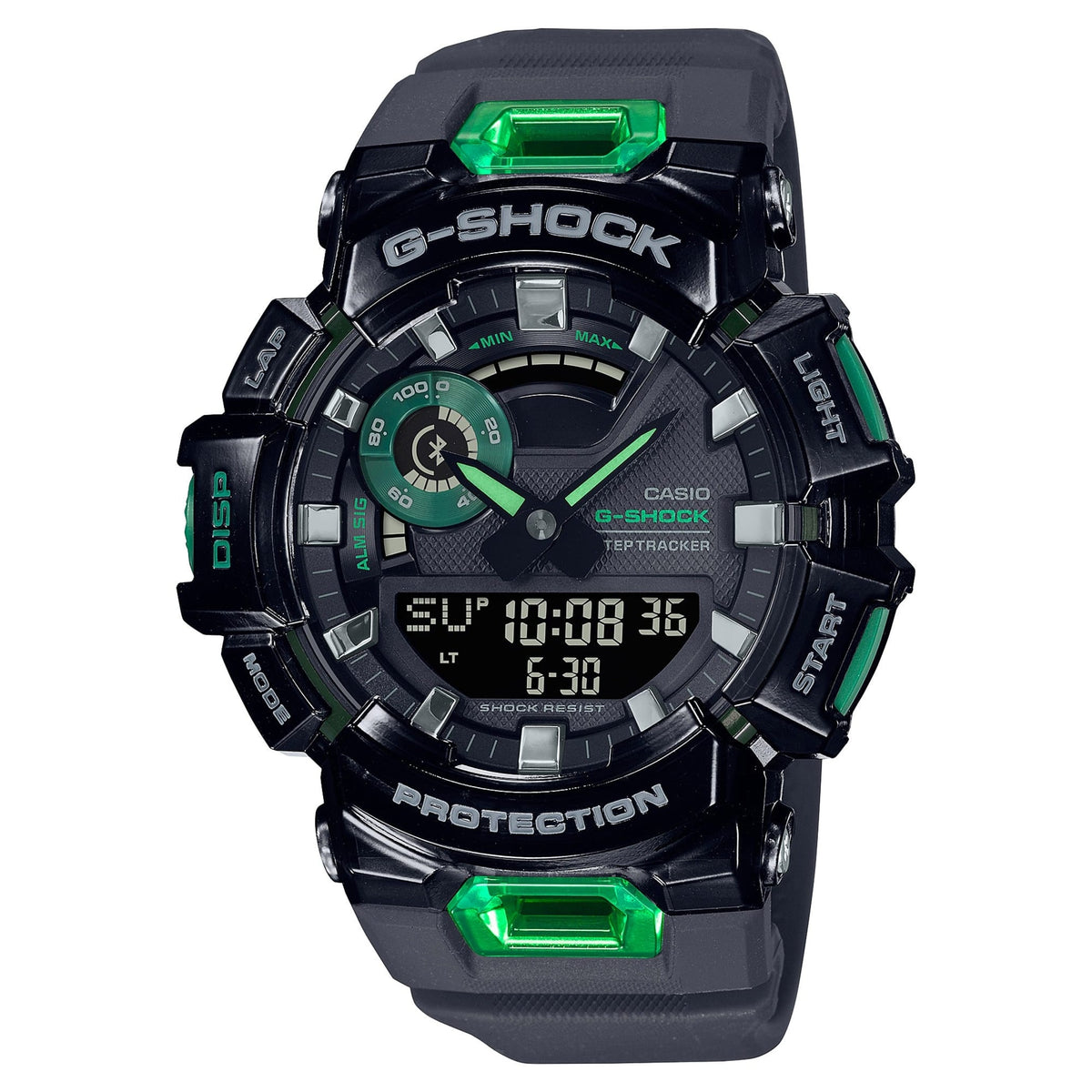 CASIO GBA-900SM-1A3ER G-Shock 200M 防水防震手錶 - 黑色錶款配綠色點綴，正面白色背景