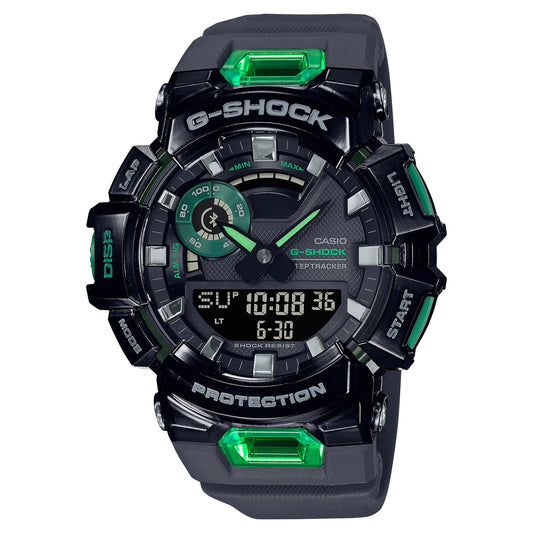 CASIO GBA-900SM-1A3ER G-Shock 200M 防水防震手錶 - 黑色錶款配綠色點綴，正面白色背景