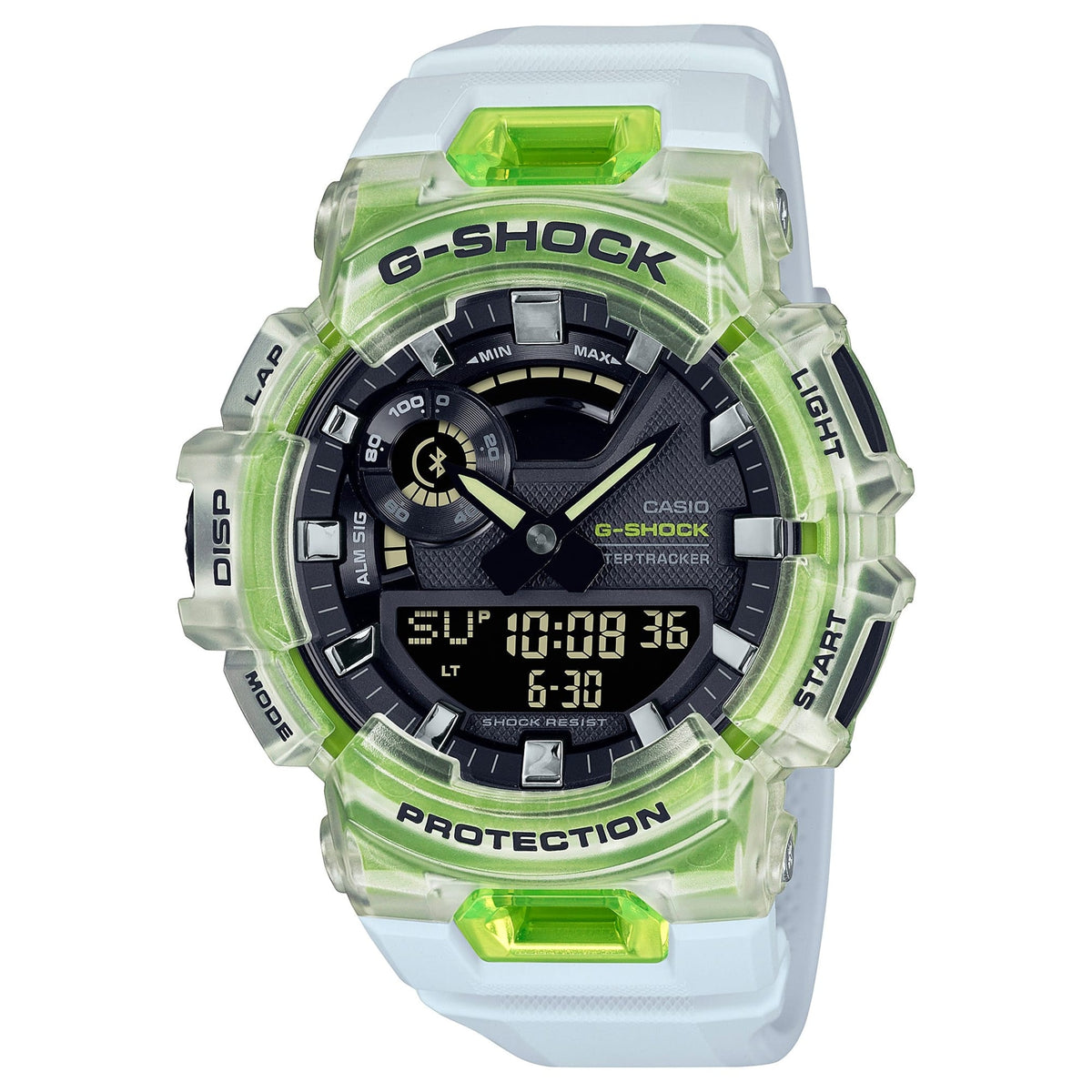 CASIO GBA-900SM-7A9ER G-Shock 200M 防水 防震 - 半透明綠色錶款，正面白色背景