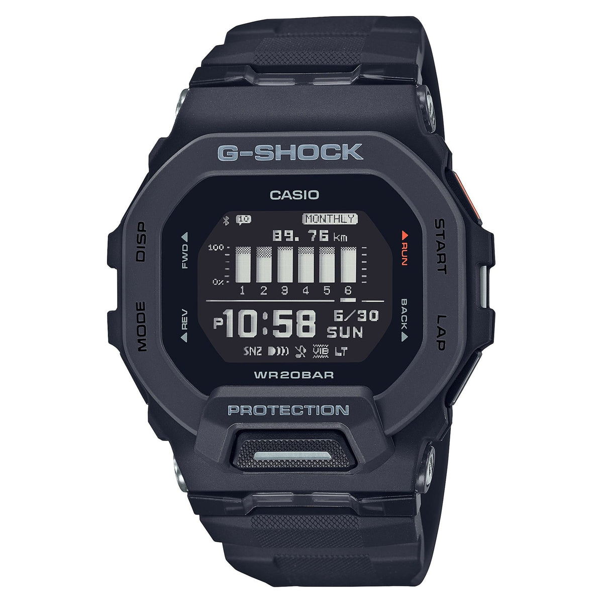 CASIO GBD-200-1DR G-Squad GBD-200 系列手錶 - 運動電子錶正面圖，白色背景展示跑步數據