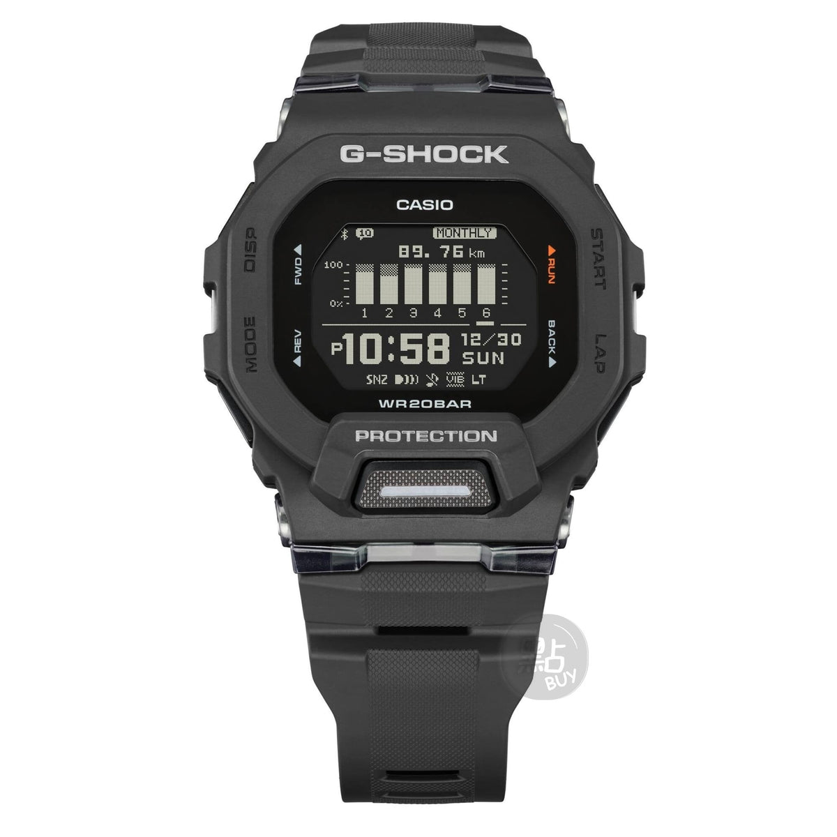 CASIO GBD-200-1DR G-Squad GBD-200 系列手錶 - 錶面特寫，展示每週步數柱狀圖及時間顯示