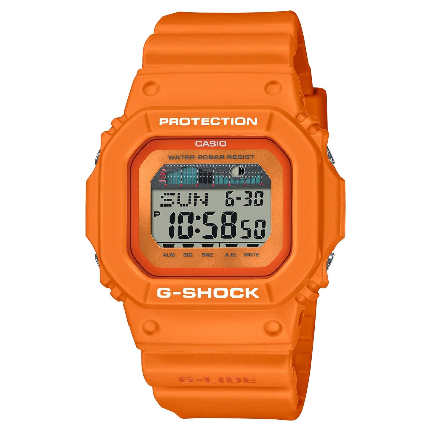 CASIO GLX-5600RT-4ER G-Shock G-Lide 手錶 - 橙色電子錶，正面白色背景