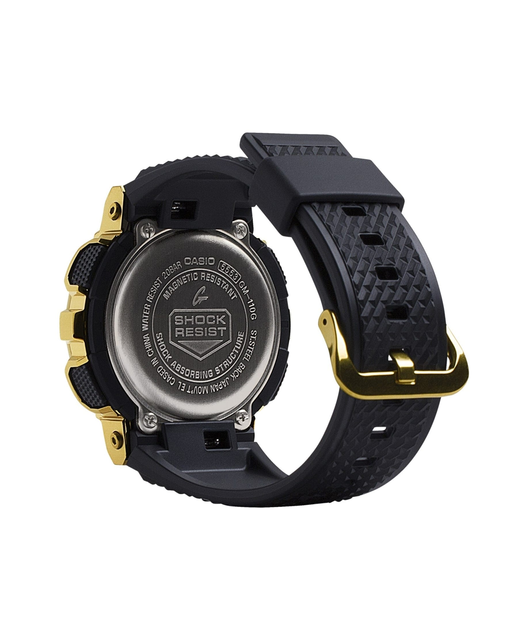 CASIO GM-110G-1A9ER G-Shock 樹脂錶帶 200米防水 - 錶背細節，展示金色配件及鋼製錶背