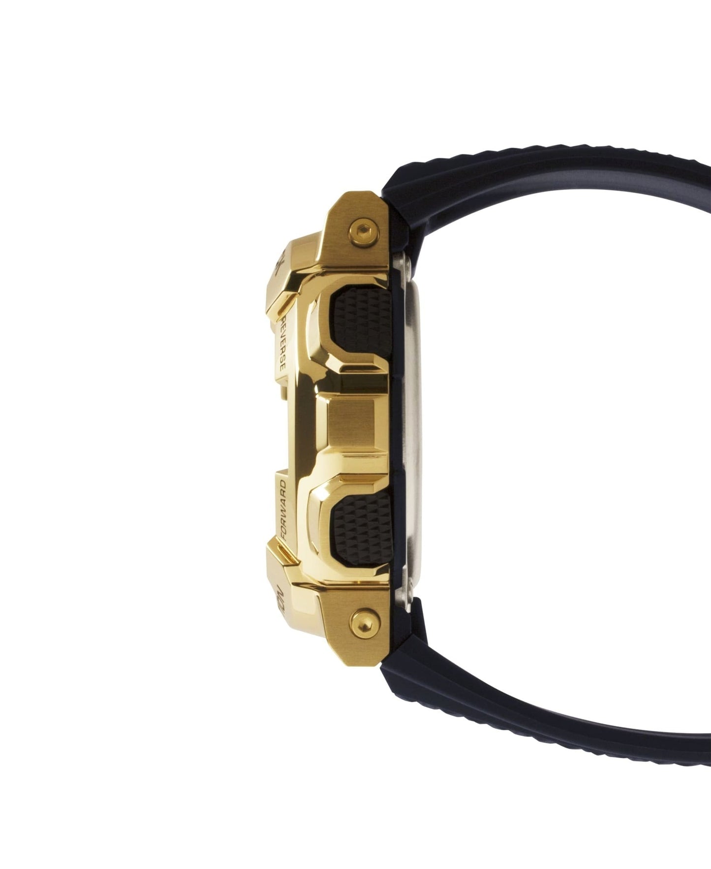 CASIO GM-110G-1A9ER G-Shock 樹脂錶帶 200米防水 - 金色按鈕及錶殼側面特寫