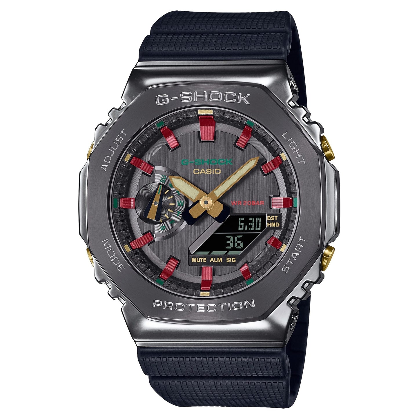 CASIO GM-2100CH-1ADR G-Shock 樹脂錶帶 200-meter 防水 - 金屬錶圈錶款，正面白色背景