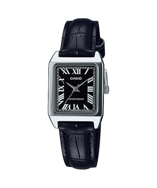 Casio LTP-V007L-1BUDF 皮革錶帶羅馬數字黑色錶盤正裝手錶 - 黑色皮革錶帶指針錶，正面白色背景
