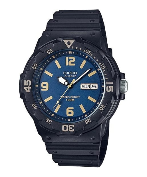 CASIO MRW-200H-2B3VDF 青春系列 指針式藍色手錶 - 黑色潛水風格錶款配藍色錶面，正面白色背景