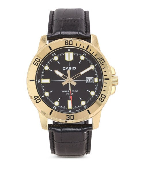 CASIO Men's Enticer Gold Tone Leather Band Black Dial Casual Analog Sporty Watch #MTP-VD01GL-1EVUDF