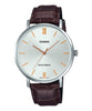 CASIO Men's Minimalistic Silver Dial Brown Leather Band Analog Watch #MTP-VT01L-7B2UDF