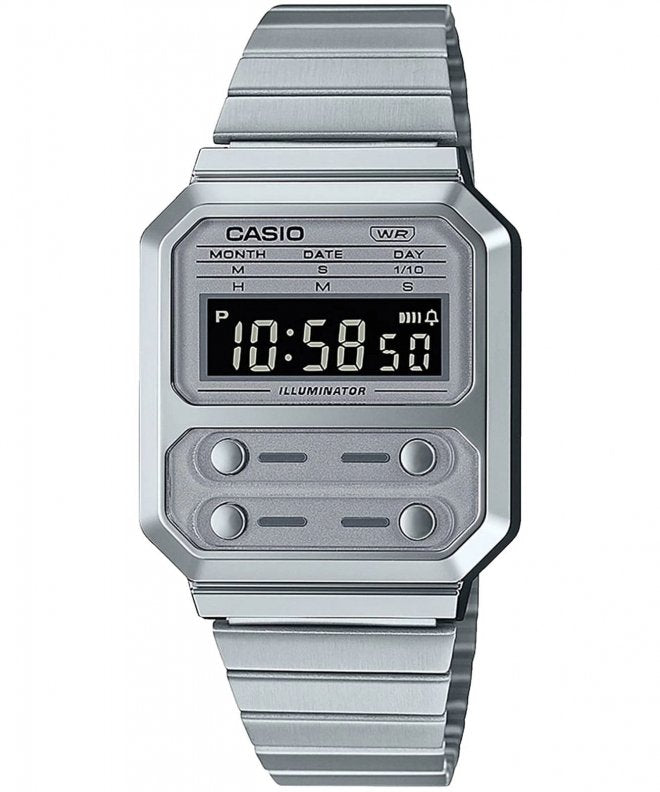 CASIO Silver Mens Digital Watch Casio Collection Vintage #A100WE-7BEF