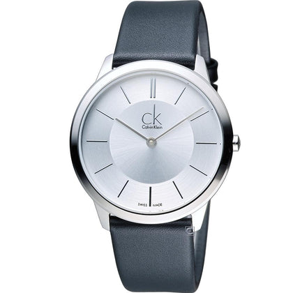  全新 Calvin Klein Minimal系列皮革男士手錶 - 銀色錶盤 K3M211C6