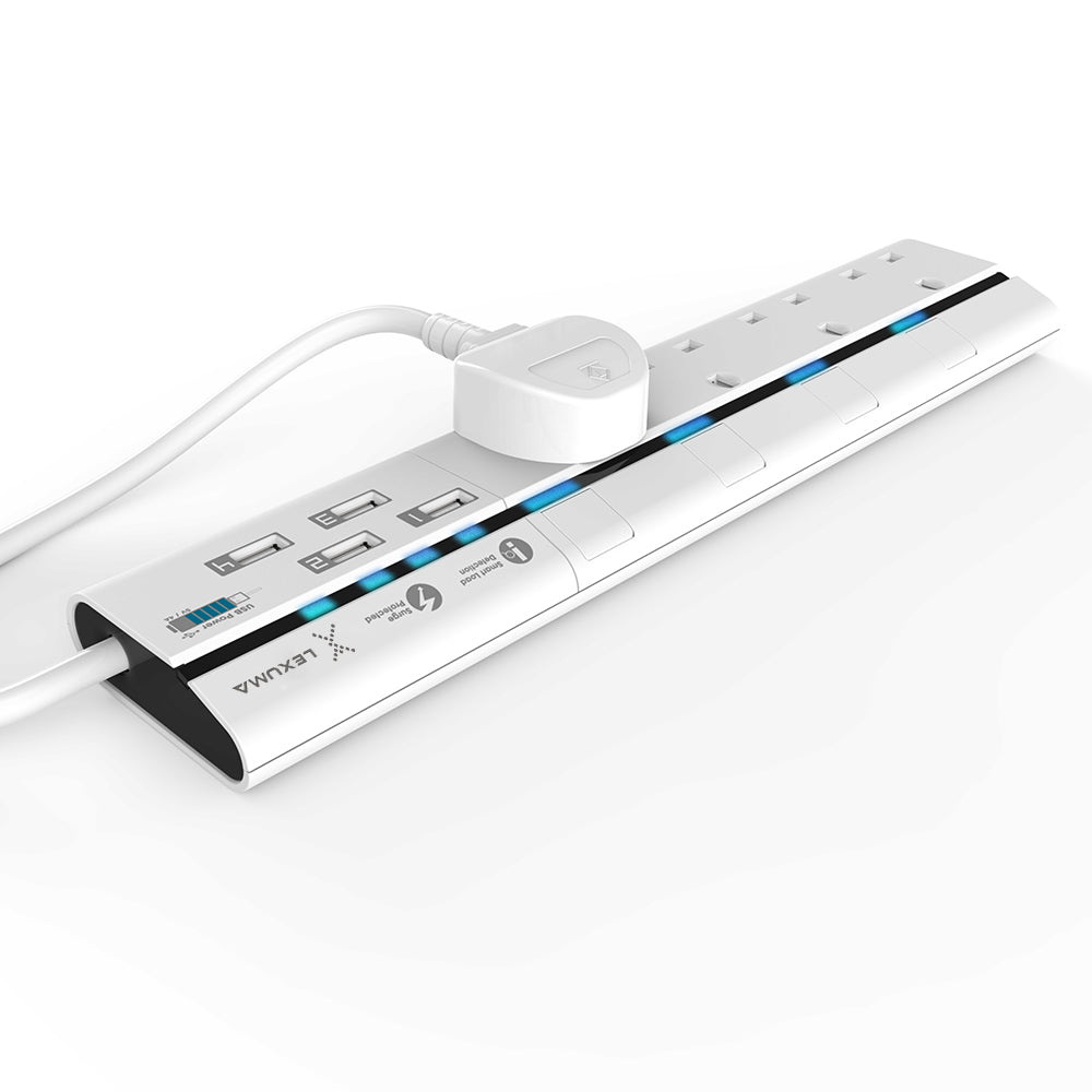 Dimbuyshop Lexuma 辣數碼 XStrip USB防雷保護拖板 機電處認證 安全可靠 4頭拖板 4個USB口充電 產品特色 LED燈獨立顯示 白色 保護性高 individual LED indicator
