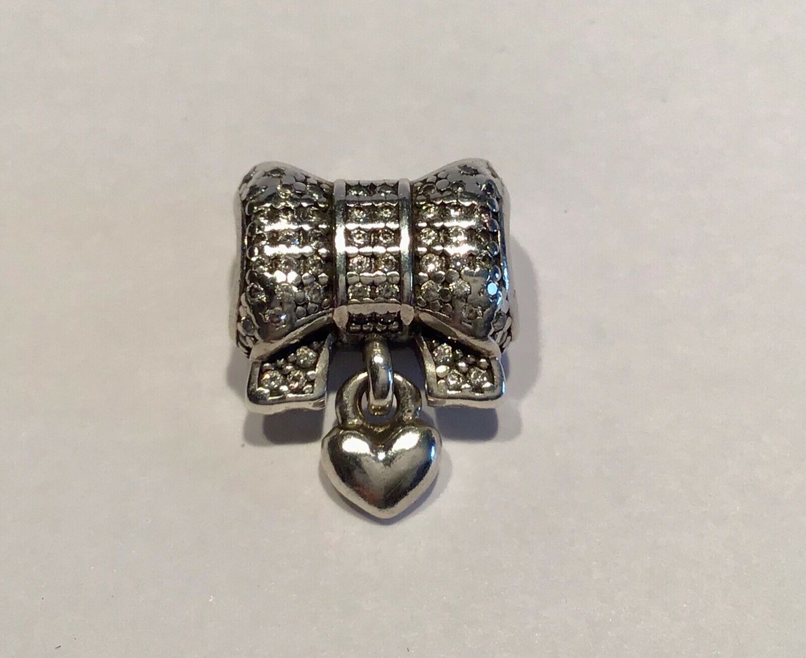 Pandora Bow silver charm with clear cubic zirconia and heart #791776CZ