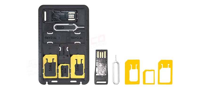 3 in 1 credit-card-sized Sim card kit with Nano-SIM, Micro-SIM and Normal SIM Card adapters and USB SD card reader and holder for frequent business travelers sim pin