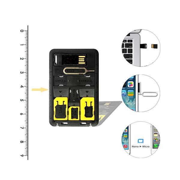 3 in 1 credit-card-sized Sim card kit with Nano-SIM, Micro-SIM and Normal SIM Card adapters and USB SD card reader and holder for frequent business travelers sd card reader